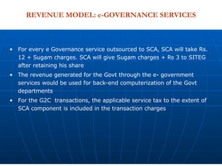 REVENUE MODEL: e-GOVERNANCE SERVICES For every e Governance service outsourced to SCA, SCA will take Rs. 12 + Sugam charges. SCA will give Sugam charges + Rs 3 to SITEG after retaining his share The revenue generated for the Govt through the e- government services would be used for back-end computerization of the Govt departments For the G2C  transactions, the applicable service tax to the extent of SCA component is included in the transaction charges 