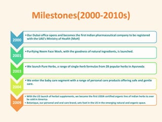 Milestones(2000-2010s)
2000
•Our Dubai office opens and becomes the first Indian pharmaceutical company to be registered
with the UAE’s Ministry of Health (MoH)
2001
•Purifying Neem Face Wash, with the goodness of natural ingredients, is launched.
2003
•We launch Pure Herbs, a range of single-herb formulas from 28 popular herbs in Ayurveda.
2004
•We enter the baby care segment with a range of personal care products offering safe and gentle
care.
2009
• With the US launch of herbal supplements, we became the first USDA certified organic line of Indian herbs to ever
be sold in America
• Botanique, our personal and oral care brand, sets foot in the US in the emerging natural and organic space.
 