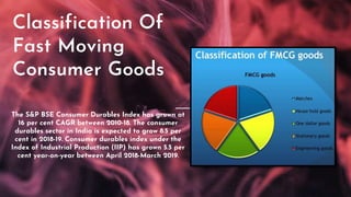 Classification Of
Fast Moving
Consumer Goods
The S&P BSE Consumer Durables Index has grown at
16 per cent CAGR between 2010-18. The consumer
durables sector in India is expected to grow 8.5 per
cent in 2018-19. Consumer durables index under the
Index of Industrial Production (IIP) has grown 5.5 per
cent year-on-year between April 2018-March 2019.
 