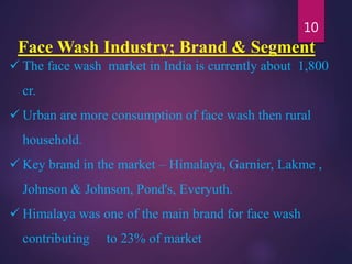 Face Wash Industry; Brand & Segment
 The face wash market in India is currently about 1,800
cr.
 Urban are more consumption of face wash then rural
household.
 Key brand in the market – Himalaya, Garnier, Lakme ,
Johnson & Johnson, Pond's, Everyuth.
 Himalaya was one of the main brand for face wash
contributing to 23% of market
10
 