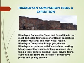 HIMALAYAN COMPANION TREKS &
EXPEDITION
Himalayan Companion Treks and Expedition is the
most dedicated tour operator of Nepal, specialized
in Dolpo, Mustang, and West Nepal region.
Himalayan Companion brings you, the best
Himalayan adventures activities such as trekking,
hiking, expedition, peak climbing, research trips,
filming trips, cultural spiritual tours, private tours,
custom-made tours are in reliable, competitive
prices and quality service.
 