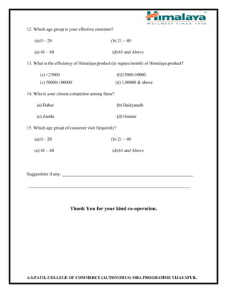 A.S.PATIL COLLEGE OF COMMERCE (AUTONOMUS) MBA PROGRAMME VIJAYAPUR.
12. Which age group is your effective customer?
(a) 0 – 20 (b) 21 – 40
(c) 41 – 60 (d) 61 and Above
13. What is the efficiency of Himalaya product (in rupees/month) of Himalaya product?
(a) <25000 (b)25000-50000
(c) 50000-100000 (d) 1,00000 & above
14. Who is your closest competitor among these?
(a) Dabur (b) Baidyanath
(c) Zandu (d) Himani
15. Which age group of customer visit frequently?
(a) 0 – 20 (b) 21 – 40
(c) 41 – 60 (d) 61 and Above
Suggestions if any: ___________________________________________________________
_________________________________________________________________________
Thank You for your kind co-operation.
 