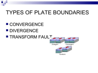 TYPES OF PLATE BOUNDARIES
CONVERGENCE
 DIVERGENCE
 TRANSFORM FAULT


 