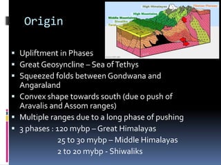 Origin
 Upliftment in Phases
 Great Geosyncline – Sea ofTethys
 Squeezed folds between Gondwana and
Angaraland
 Convex shape towards south (due o push of
Aravalis and Assom ranges)
 Multiple ranges due to a long phase of pushing
 3 phases : 120 mybp – Great Himalayas
25 to 30 mybp – Middle Himalayas
2 to 20 mybp - Shiwaliks
 