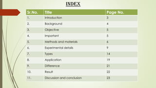 Sr.No. Title Page No.
1. Introduction 3
2. Background 4
3. Objective 5
4. Important 5
5. Methods and materials 6
6. Experimental details 9
7. Types 14
8. Application 19
9. Difference 21
10. Result 22
11. Discussion and conclusion 23
INDEX
 