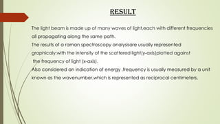 RESULT
The light beam is made up of many waves of light,each with different frequencies
all propagating along the same path.
The results of a raman spectroscopy analysisare usually represented
graphicaly,with the intensity of the scattered light(y-axis)plotted against
the frequency of light (x-axis).
Also considered an indication of energy ,frequency is usually measured by a unit
known as the wavenumber,which is represented as reciprocal centimeters.
 