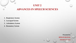 UNIT 2
ADVANCES IN SPEECH SCIENCES
1. Respiratory System
2. Laryngeal System
3. Articulatory System
4. Resonatory System
Presented by
HIMANI BANSAL
(MASLP 1st year)
 
