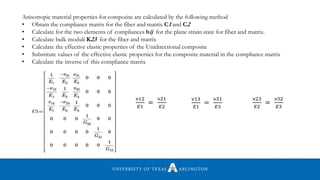 Anisotropic material properties for composite are calculated by the following method
• Obtain the compliance matrix for the fiber and matrix C1 and C2
• Calculate for the two elements of compliances bij for the plane strain state for fiber and matrix.
• Calculate bulk moduli K23 for the fiber and matrix
• Calculate the effective elastic properties of the Unidirectional composite
• Substitute values of the effective elastic properties for the composite material in the compliance matrix
• Calculate the inverse of this compliance matrix
ν12
𝐸1
=
ν21
𝐸2
ν13
𝐸1
=
ν31
𝐸3
ν23
𝐸2
=
ν32
𝐸3
 