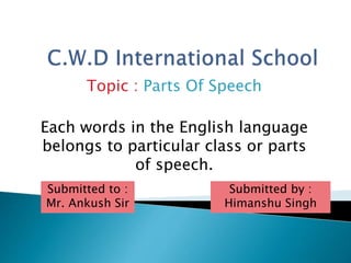 Topic : Parts Of Speech
Each words in the English language
belongs to particular class or parts
of speech.
Submitted to :
Mr. Ankush Sir
Submitted by :
Himanshu Singh
 