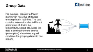 12#UnifiedDataAnalytics #SparkAISummit
Group Data
For example, consider a Power
plant which has 100s of devices
emitting d...