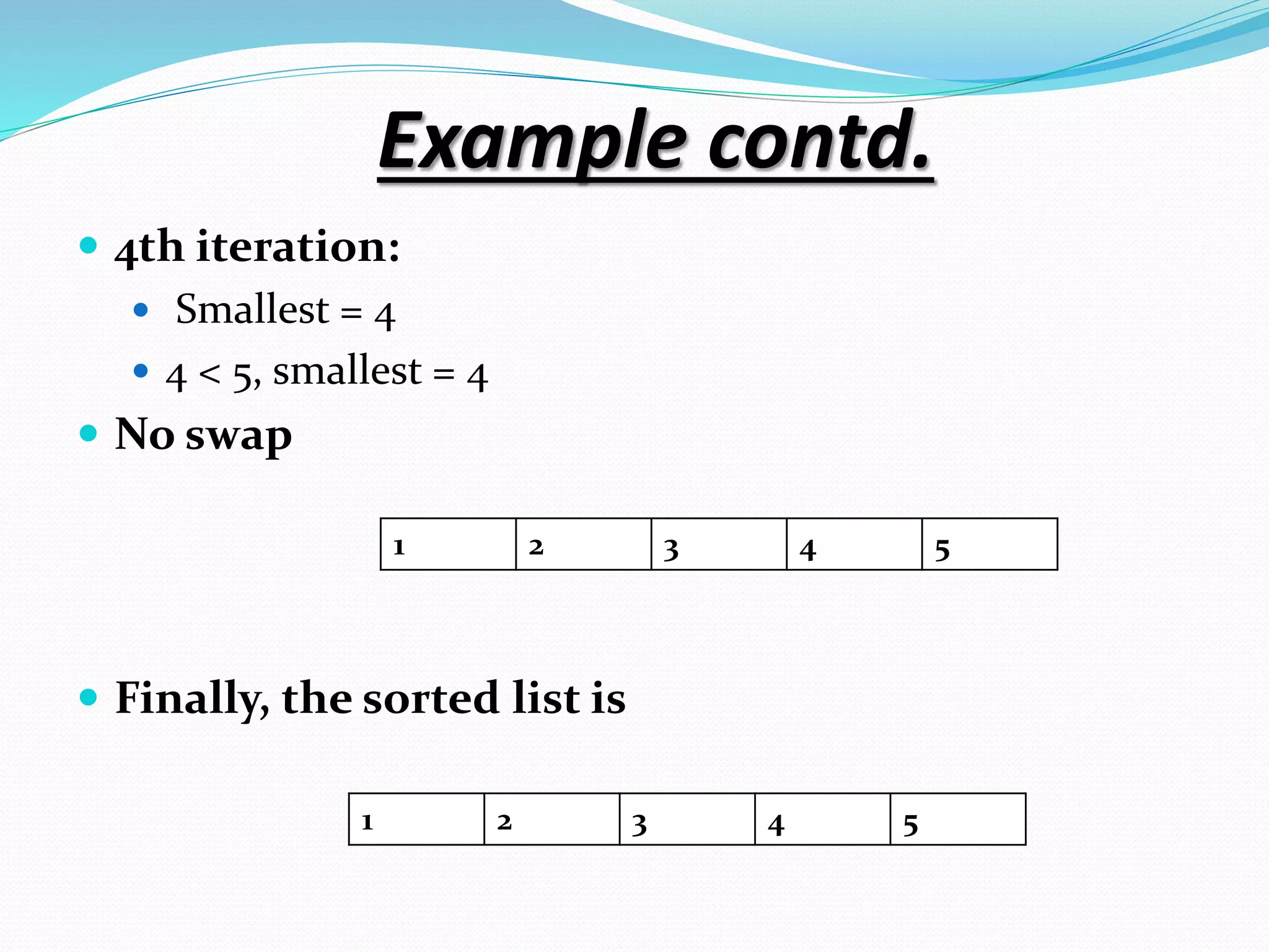 Example contd.
 4th iteration:
 Smallest = 4
 4 < 5, smallest = 4
 No swap
 Finally, the sorted list is
1 2 3 4 5
1 2 3 4 5
 