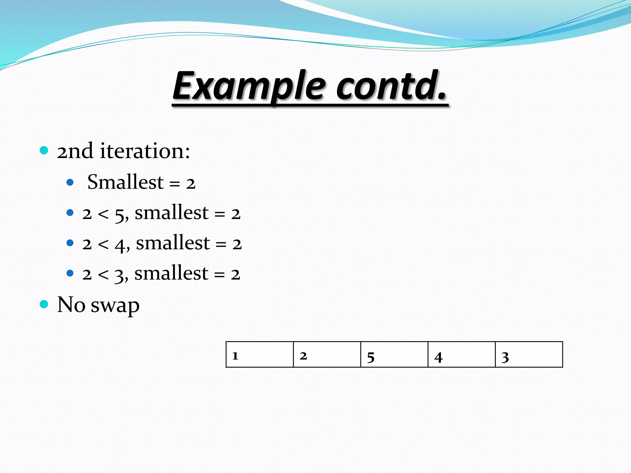 Example contd.
 2nd iteration:
 Smallest = 2
 2 < 5, smallest = 2
 2 < 4, smallest = 2
 2 < 3, smallest = 2
 No swap
1 2 5 4 3
 