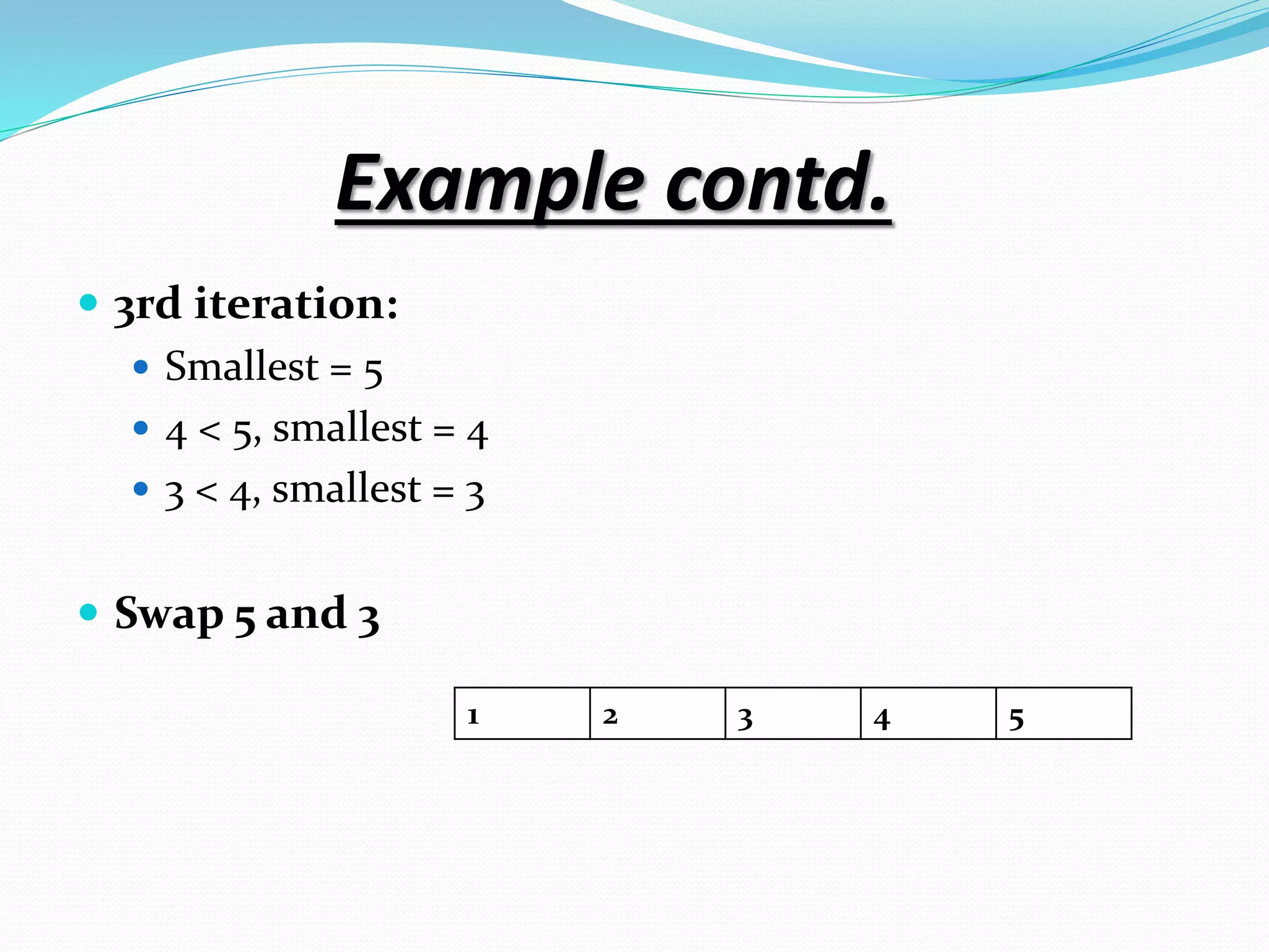Example contd.
 3rd iteration:
 Smallest = 5
 4 < 5, smallest = 4
 3 < 4, smallest = 3
 Swap 5 and 3
1 2 3 4 5
 