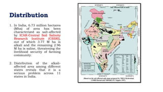 Distribution
1. In India, 6.73 million hectares
(Mha) of area has been
characterized as salt-affected
by ICAR-Central Soil Salinity
Research Institute (CSSRI),
out of which 3.77 M ha is
alkali and the remaining 2.96
M ha is saline, threatening the
livelihood security of farming
community.
2. Distribution of the alkali-
affected area among different
states reveals that it is a
serious problem across 11
states in India.
 