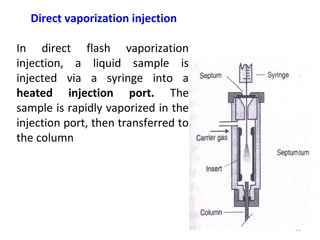 12
Direct vaporization injection
In direct flash vaporization
injection, a liquid sample is
injected via a syringe into a
heated injection port. The
sample is rapidly vaporized in the
injection port, then transferred to
the column
 