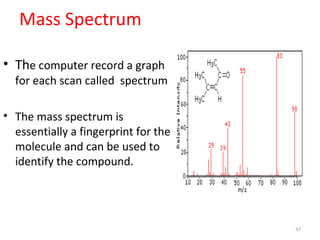 Mass Spectrum
• The computer record a graph
for each scan called spectrum
• The mass spectrum is
essentially a fingerprint for the
molecule and can be used to
identify the compound.
43
 