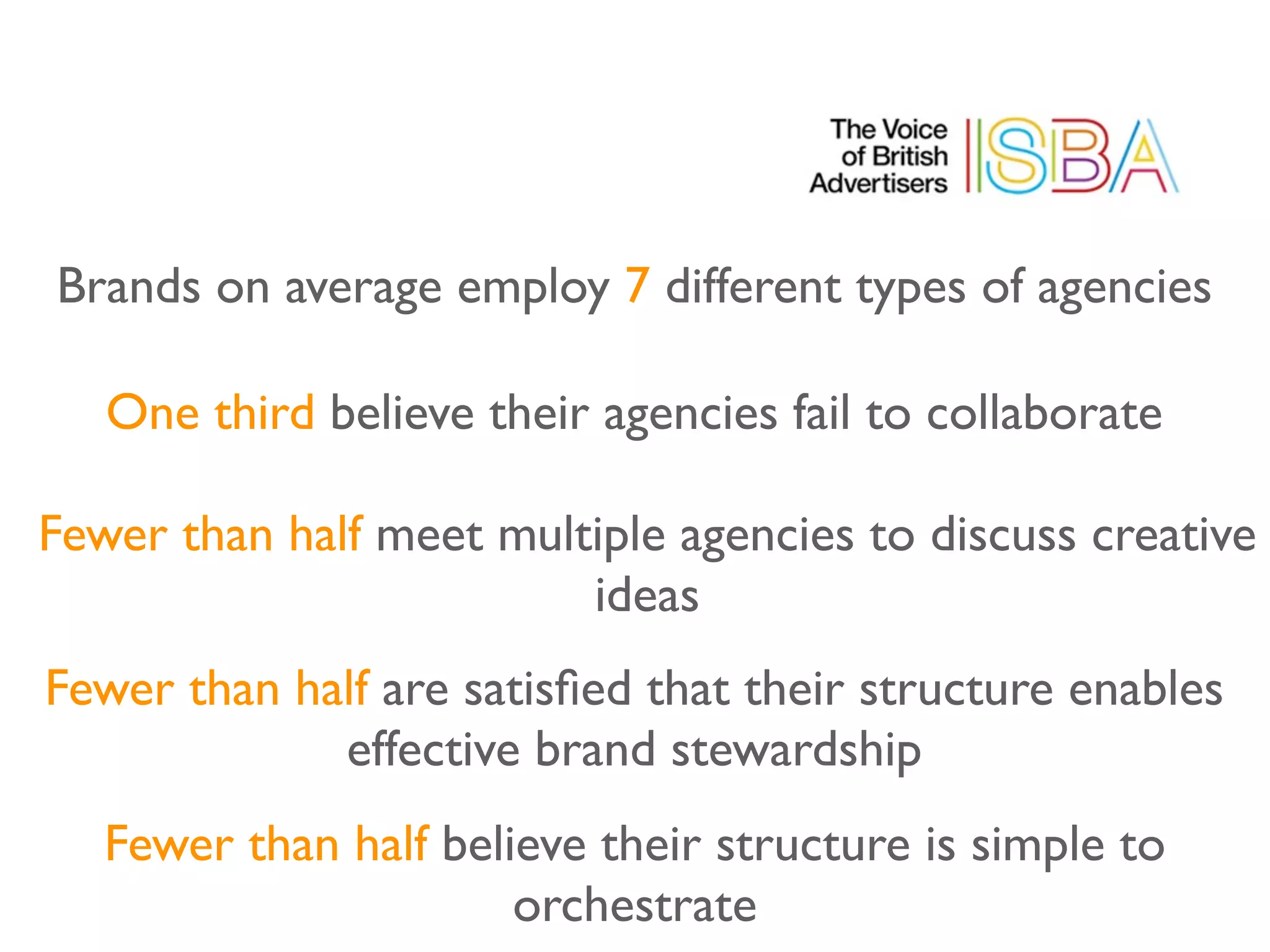 Brands on average employ 7 different types of agencies

   One third believe their agencies fail to collaborate

Fewer than half meet multiple agencies to discuss creative
                         ideas
Fewer than half are satisﬁed that their structure enables
             effective brand stewardship
   Fewer than half believe their structure is simple to
                       orchestrate
 