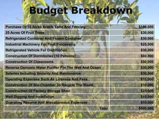 Budget Breakdown
Purchase Of 35 Acres Arable Land And Fencing                $150,000
25 Acres Of Fruit Trees                                      $30,000
Refrigerated Container And Frozen Container                  $30,000
Industrial Machinery For Fruit Processing                    $25,000
Refrigerated Vehicle For Distribution                        $30,000
Construction Of Dormitories (10 Persons)                     $60,000
Construction Of Classrooms                                   $50,000
Reverse Osmosis Water Purifier For The Well And Ocean        $30,000
Salaries Including Security And Maintenance                  $30,000
Operating Expenses Such As Licenses And Fees                 $10,000
Construction Of Bio-Chamber To Recycle The Waste             $10,000
Construction Of Factory Storage Shed                         $25,000
Well Digging And Installation                                $10,000
Operating Reserve And Miscellaneous Expenses                 $10,000
                                                    Total   $500,000
 