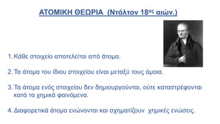 ΑΤΟΜΙΚΗ ΘΕΩΡΙΑ (Ντάλτον 18ος αιών.)
1.Κάθε στοιχείο αποτελείται από άτομα.
2.Τα άτομα του ίδιου στοιχείου είναι μεταξύ τους όμοια.
3.Τα άτομα ενός στοιχείου δεν δημιουργούνται, ούτε καταστρέφονται
κατά τα χημικά φαινόμενα.
4.Διαφορετικά άτομα ενώνονται και σχηματίζουν χημικές ενώσεις.
 