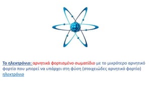 Το ηλεκτρόνιο: αρνητικά φορτισμένο σωματίδιο με το μικρότερο αρνητικό
φορτίο που μπορεί να υπάρχει στη φύση (στοιχειώδες αρνητικό φορτίο)
ηλεκτρόνιο
 