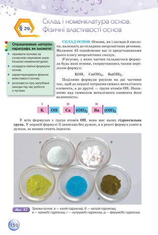 150
СКЛАД ОСНОВ. Основи, як і оксиди й кисло-
ти, належать до складних неорганічних речовин.
Малюнок 42 ознайомлює вас із представниками
цього класу неорганічних сполук.
З’ясуємо, з яких частин складається форму-
ла будь-якої основи, скориставшись таким пере-
ліком формул:
KОН, Са(ОН)2, Ва(ОН)2.
Поділимо формули рискою на дві частини
так, щоб до першої потрапив символ металічного
елемента, а до другої — група атомів ОН. Напи-
шемо над символом металічного елемента його
валентність:
K
I
OH
,
II
Ca (OH)2
,
II
Ba (OH)2
.
У всіх формулах є група атомів ОН, вона має назву гідроксильна
група. У першій формулі її записано без дужок, а в решті формул узято в
дужки, за якими стоять індекси.
а б
в г д
Зразки основ: а — калій гідроксид; б — натрій гідроксид;
в — хром(ІІ) гідроксид; г — купрум(ІІ) гідроксид; д — ферум(ІІІ) гідроксид
§ 29.
т
М
Опрацювавши матеріал
параграфа, ви зможете:
ц
л
л
т
е
ш
в
М
р р ф ,

 називати основи за
сучасною науковою укра-
їнською номенклатурою;

 складати хімічні формули
основ;

 характеризувати фізичні
властивості основ;

 розповісти про запобіжні
заходи під час роботи
з лугами.
 