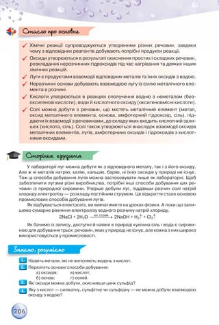 206

 Хімічні реакції супроводжуються утворенням різних речовин, завдяки
чому з відповідних реагентів добувають потрібні продукти реакції.

 Оксиди утворюються в результаті окиснення простих і складних речовин,
розкладання нерозчинних гідроксидів під час нагрівання та деяких інших
хімічних реакцій.

 Луги є продуктами взаємодії відповідних металів та їхніх оксидів з водою.

 Нерозчинні основи добувають взаємодією лугу із сіллю металічного еле-
мента в розчині.

 Кислоти утворюються в реакціях сполучення водню з неметалом (без-
оксигенові кислоти), води й кислотного оксиду (оксигеновмісні кислоти).

 Солі можна добути з речовин, що містять металічний елемент (метал,
оксид металічного елемента, основа, амфотерний гідроксид, сіль), під-
даючи їх взаємодії з речовинами, до складу яких входить кислотний зали-
шок (кислота, сіль). Солі також утворюються внаслідок взаємодії оксидів
металічних елементів, лугів, амфотерниих оксидів і гідроксидів з кислот-
ними оксидами.
Стисло про основне
Стисло про основне
У лабораторії луг можна добути як з відповідного металу, так і з його оксиду.
Але ж ні металів натрію, калію, кальцію, барію, ні їхніх оксидів у природі не існує.
Тож ці способи добування лугів можна застосовувати лише як лабораторні. Щоб
забезпечити лугами різні виробництва, потрібні інші способи добування цих ре-
човин із природної сировини. Уперше добули луг, піддавши розчин солі натрій
хлориду електролізу — розкладу постійним струмом. Це відкриття стало основою
промислових способів добування лугів.
Як відбувається електроліз, ви вивчатимете на уроках фізики. А поки що запи-
шемо сумарне рівняння електролізу водного розчину натрій хлориду.
2NaCl + 2H2O 
ел. струм
2NaOH + H2 + Cl2
Як бачимо із запису, доступні й наявні в природі кухонна сіль і вода є сирови-
ною для добування трьох речовин, яких у природі не існує, але кожна з них широко
використовується у промисловості.
Назвіть метали, які не витісняють водень з кислот.
Перелічіть основні способи добування:
а) оксидів; в) кислот;
б) основ; г) солей.
Які оксиди можна добути, окиснивши цинк сульфід?
Яку з кислот — силікатну, сульфітну чи сульфідну — не можна добути взаємодією
оксиду з водою?
Сторінка ерудита
Сторінка ерудита
Знаємо, розуміємо
Знаємо, розуміємо
 