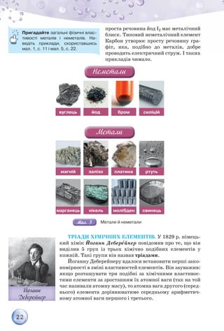 22
проста речовина йод I2 має металічний
блиск. Типовий неметалічний елемент
Карбон утворює просту речовину гра-
фіт, яка, подібно до металів, добре
проводить електричний струм. І таких
прикладів чимало.
бром силіцій
вуглець йод
платина
молібден
ртуть
свинець
марганець
залізо
нікель
магній
Метали й неметали
ТРІАДИ ХІМІЧНИХ ЕЛЕМЕНТІВ. У 1829 р. німець-
кий хімік Йоганн Деберåйнер повідомив про те, що він
виділив 5 груп із трьох хімічно подібних елементів у
кожній. Такі групи він назвав тріадами.
Йоганну Деберейнеру вдалося встановити перші зако-
номірності в зміні властивостей елементів. Він зауважив:
якщо розташувати три подібні за хімічними властивос-
тями елементи за зростанням їх атомної ваги (так на той
час називали атомну масу), то атомна вага другого (серед-
нього) елемента дорівнюватиме середньому арифметич-
ному атомної ваги першого і третього.
Пригадайте загальні фізичні влас-
тивості металів і неметалів. На-
ведіть приклади, скориставшись
мал. 1, с. 11 і мал. 5, с. 22.
 