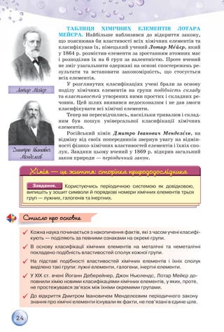 24
ТАБЛИЦЯ ХІМІЧНИХ ЕЛЕМЕНТІВ ЛОТАРА
МЕЙЄРА. Найбільше наблизився до відкриття закону,
що пояснював би властивості всіх хімічних елементів та
класифікував їх, німецький учений Лотар Мåйєр, який
у 1864 р. розмістив елементи за зростанням атомних мас
і розподілив їх на 6 груп за валентністю. Проте вчений
не зміг узагальнити одержані на основі спостережень ре-
зультати та встановити закономірність, що стосується
всіх елементів.
У розглянутих класифікаціях учені брали за основу
поділу хімічних елементів на групи подібність складу
та властивостей утворених ними простих і складних ре-
човин. Цей шлях виявився недосконалим і не дав змоги
класифікувати всі хімічні елементи.
Тепер ви пересвідчились, наскільки тривалим і склад-
ним був пошук універсальної класифікації хімічних
елементів.
Російський хімік Дмитро Іванович Менделºєв, на
відміну від своїх попередників звернув увагу на відмін-
ності фізико-хімічних властивостей елементів і їхніх спо-
лук. Завдяки цьому вчений у 1869 р. відкрив загальний
закон природи — періодичний закон.
Користуючись періодичною системою як довідковою,
випишіть у зошит символи й порядкові номери хімічних елементів трьох
груп — лужних, галогенів та інертних.

 Кожна наука починається з накопичення фактів, які з часом учені класифі-
кують — поділяють за певними ознаками на окремі групи.

 В основу класифікації хімічних елементів на металічні та неметалічні
покладено подібність властивостей сполук кожної групи.

 На підставі подібності властивостей хімічних елементів і їхніх сполук
виділено такі групи: лужні елементи, галогени, інертні елементи.

 У ХІХ ст. вчені Йоганн Деберейнер, Джон Ньюлендс, Лотар Мейєр до-
повнили хімію новими класифікаціями хімічних елементів, у яких, проте,
не простежувався зв’язок між їхніми окремими групами.

 До відкриття Дмитром Івановичем Менделєєвим періодичного закону
знання про хімічні елементи існували як факти, не пов’язані в єдине ціле.
Стисло про основне
Стисло про основне
 