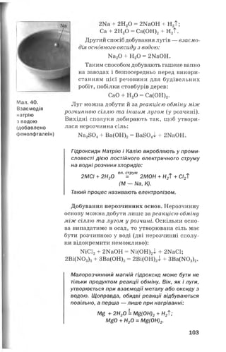 Мал. 40.
Взаємодія
натрію
з водою
(добавлено
фенолфталеїн)
+ 2Н20 = 2КаОН + Н2Т;
Са + 2Н20 = Са(ОН)2+ Н2Т.
Другий спосіб добування лугів — взаємо­
дія основного оксиду з водою:
Ма20 + Н20 = 2КаОН.
Таким способом добувають гашене вапно
на заводах і безпосередньо перед викори­
станням цієї речовини для будівельних
робіт, побілки стовбурів дерев:
СаО + Н20 = Са(ОН)2.
Луг можна добути й за реакцією обміну між
розчинною сіллю та іншим лугом (у розчині).
Вихідні сполуки добирають так, щоб утвори­
лася нерозчинна сіль:
Ка2804+ Ва(ОН)2= Ва804І + 2КаОН.
Гідроксиди Натрію і Калію виробляють у проми­
словості дією постійного електричного струму
на водні розчини хлоридів:
ел. струм Ж ж
2МСІ + 2Н20 = 2МОН + Н2Т + С/2Т
(М — Л/а, К).
Такий процес називають електролізом.
Добування нерозчинних основ. Нерозчинну
основу можна добути лише за реакцією обміну
між сіллю та лугом у розчині. Оскільки осно­
ва випадатиме в осад, то утворювана сіль має
бути розчинною у воді (дві нерозчинні сполу­
ки відокремити неможливо):
ШС12+ 2ШОН = Щ О Н )2>1+ 2NаС;
2Ві(Ж )3)3+ ЗВа(ОН)2= 2Ві(ОН)3І + ЗВа(Ж)3)2.
Малорозчинний магній гідроксид може бути не
тільки продуктом реакції обміну. Він, як і луги,
утворюється при взаємодії металу або оксиду з
водою. Щоправда, обидві реакції відбуваються
повільно, а перша — лише при нагріванні:
М£ + 2Н20 = М£(ОН)2+ Н2Т;
М£0 + Н20 = М£(0Н)2.
103
 
