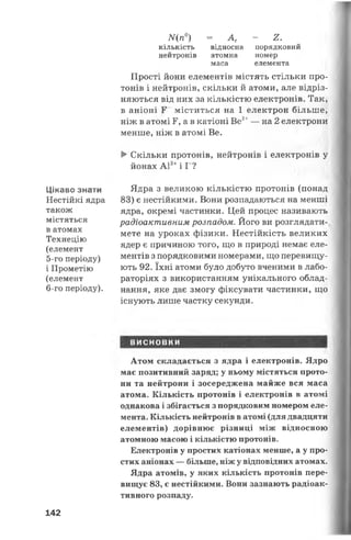 Цікаво знати
Нестійкі ядра
також
містяться
в атомах
Технецію
(елемент
5-го періоду)
і Прометію
(елемент
6-го періоду).
Щп°) = Аг - 2.
кількість відносна порядковий
нейтронів атомна номер
маса елемента
Прості йони елементів містять стільки про­
тонів і нейтронів, скільки й атоми, але відріз­
няються від них за кількістю електронів. Так,
в аніоні міститься на 1 електрон більше,
ніж в атомі Г, а в катіоні Ве2+— на 2 електрони
менше, ніж в атомі Ве.
►Скільки протонів, нейтронів і електронів у
йонах А13+і Г?
Ядра з великою кількістю протонів (понад
83) є нестійкими. Вони розпадаються на менші
ядра, окремі частинки. Цей процес називають
радіоактивним розпадом. Його ви розглядати­
мете на уроках фізики. Нестійкість великих
ядер є причиною того, що в природі немає еле­
ментів з порядковими номерами, що перевищу­
ють 92. їхні атоми було добуто вченими в лабо­
раторіях з використанням унікального облад­
нання, яке дає змогу фіксувати частинки, що
існують лише частку секунди.
висновки
Атом складається з ядра і електронів. Ядро
має позитивний заряд; у ньому містяться прото­
ни та нейтрони і зосереджена майже вся маса
атома. Кількість протонів і електронів в атомі
однакова і збігається з порядковим номером еле­
мента. Кількість нейтронів в атомі (для двадцяти
елементів) дорівнює різниці між відносною
атомною масою і кількістю протонів.
Електронів у простих катіонах менше, а у про­
стих аніонах — більше, ніж у відповідних атомах.
Ядра атомів, у яких кількість протонів пере­
вищує 83, є нестійкими. Вони зазнають радіоак­
тивного розпаду.
142
 