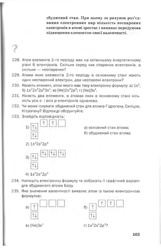 збуджений стан. При цьому за рахунок роз’єд­
нання електронних пар кількість неспарених
електронів в атомі зростає і виникає передумова
підвищення елементом своєї валентності.
Ов
228. Атом елемента 2-го періоду має на останньому енергетичному
рівні 6 електронів. Скільки серед них спарених електронів, а
скільки — неспарених?
229. Атоми яких елементів 2-го періоду в основному стані мають
один неспарений електрон, два неспарені електрони?
230. Назвіть елемент, атом якого має таку електронну формулу: а) Із 2;
б) І5 22522р63з1; в) [Не]2з22р5; г) [МеІЗз1.
231. Назвіть два елементи, в атомах яких в основному стані кіль­
кість усіх 5- і всіх р-електронів однакова.
232. Чи може існувати збуджений стан для атомів Гідрогену, Силіцію,
Нітрогену? Відповіді обґрунтуйте.
233. Знайдіть відповідність:
2) І5 22з22р4
П
4) І5 22512р3
234. Напишіть електронну формулу та зобразіть її графічний варіант
для збудженого атома Бору.
235. Яке значення валентності виявляє атом із такою електронною
формулою:
а) основний стан атома;
б) збуджений стан атома.
в) [Ме]35г г) І5 22з12р3?
163
 