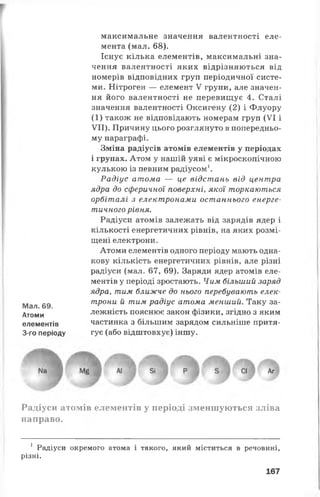Мал. 69.
Атоми
елементів
3-го періоду
максимальне значення валентності еле­
мента (мал. 68).
Існує кілька елементів, максимальні зна­
чення валентності яких відрізняються від
номерів відповідних груп періодичної систе­
ми. Нітроген — елемент V групи, але значен­
ня його валентності не перевищує 4. Сталі
значення валентності Оксигену (2) і Флуору
(1) також не відповідають номерам груп (VI і
VII). Причину цього розглянуто в попередньо­
му параграфі.
Зміна радіусів атомів елементів у періодах
і групах. Атом у нашій уяві є мікроскопічною
кулькою із певним радіусом1.
Радіус атома — це відстань від центра
ядра до сферичної поверхні, якої торкаються
орбіталі з електронами останнього енерге­
тичного рівня.
Радіуси атомів залежать від зарядів ядер і
кількості енергетичних рівнів, на яких розмі­
щені електрони.
Атоми елементів одного періоду мають одна­
кову кількість енергетичних рівнів, але різні
радіуси (мал. 67, 69). Заряди ядер атомів еле­
ментів у періоді зростають. Чим більший заряд
ядра, тим ближче до нього перебувають елек­
трони й тим радіус атома менший. Таку за­
лежність пояснює закон фізики, згідно з яким
частинка з більшим зарядом сильніше притя­
гує (або відштовхує) іншу.
Аг
Радіуси атомів елементів у періоді зменшуються зліва
направо.
1 Радіуси окремого атома і такого, який міститься в речовині,
різні.
167
 