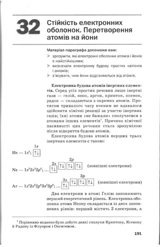 Стійкість електронних
оболонок. Перетворення
атомів на йони
Матеріал параграфа допоможе вам:
> зрозуміти, які електронні оболонки атомів і йонів
є найстійкішими;
> визначати електронну будову простих катіонів
і аніонів;
> з’ясувати, чим йони відрізняються від атомів.
І8
Не — ІЗ2 Ті
Ке — 1з22з22р6
Електронна будова атомів інертних елемен­
тів. Серед усіх простих речовин лише інертні
гази — гелій, неон, аргон, криптон, ксенон,
радон — складаються з окремих атомів. Про­
тягом тривалого часу вченим не вдавалося
здійснити хімічні реакції за участю інертних
газів; їхні атоми «не бажали» сполучатися з
атомами інших елементів1. Причина хімічної
пасивності цих речовин стала зрозумілою
після відкриття будови атомів.
Електронна будова атомів перших трьох
інертних елементів є такою:
28
2р
Ті
Ті Ті Ті (зовнішні електрони)
Зр
А г — І822822р63823р6;
38
Ті Ті Ті
Ті
(зовнішні електрони)
Два електрони в атомі Гелію заповнюють
перший енергетичний рівень. Електронна обо­
лонка атома Неону складається із двох запов­
нених рівнів: перший містить 2 електрони, а
1 Порівняно недавно було добуто деякі сполуки Криптону, Ксенону
й Радону із Флуором і Оксигеном.
191
 