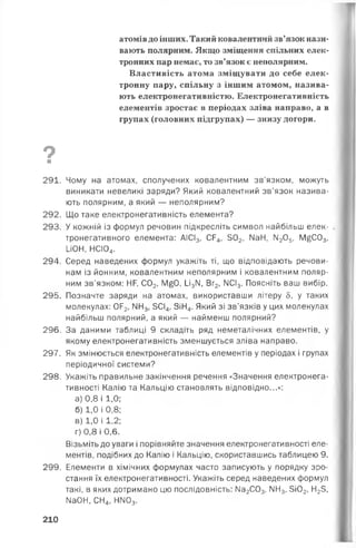 атомів до інших. Такий ковалентний зв’язок нази­
вають полярним. Якщо зміщення спільних елек­
тронних пар немає, то зв’язок є неполярним.
Властивість атома зміщувати до себе елек­
тронну пару, спільну з іншим атомом, назива­
ють електронегативністю. Електронегативність
елементів зростає в періодах зліва направо, а в
групах (головних підгрупах) — знизу догори.
9 1■
291. Чому на атомах, сполучених ковалентним зв’язком, можуть
виникати невеликі заряди? Який ковалентний зв'язок назива­
ють полярним, а який — неполярним?
292. Що таке електронегативність елемента?
293. У кожній із формул речовин підкресліть символ найбільш елек- .
тронегативного елемента: АІСІ3, СР4, 302, №Н, ІМ205, М£С03,
□ОН, НСЮ4.
294. Серед наведених формул укажіть ті, що відповідають речови­
нам із йонним, ковалентним неполярним і ковалентним поляр­
ним зв'язком: НР, С02, М£0, и 3|Ч, Вг2, ІІСІ3. Поясніть ваш вибір.
295. Позначте заряди на атомах, використавши літеру 8, у таких
молекулах: 0Р2, ІІН3, ЗСІ4, ЗІН4. Який зі зв’язків у цих молекулах
найбільш полярний, а який — найменш полярний?
296. За даними таблиці 9 складіть ряд неметалічних елементів, у
якому електронегативність зменшується зліва направо.
297. Як змінюється електронегативність елементів у періодах і групах
періодичної системи?
298. Укажіть правильне закінчення речення «Значення електронега­
тивності Калію та Кальцію становлять відповідно...»:
а) 0,8 і 1,0;
б) 1,0 і 0,8;
в) 1,0 і 1,2;
г) 0,8 і 0,6.
Візьміть до уваги і порівняйте значення електронегативності еле­
ментів, подібних до Калію і Кальцію, скориставшись таблицею 9.
299. Елементи в хімічних формулах часто записують у порядку зро­
стання їх електронегативності. Укажіть серед наведених формул
такі, в яких дотримано цю послідовність: Ма2С03, ІМН3, 3і02, Н23,
№ОН, СН4, НИ03.
210
 