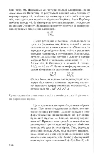 бон (табл. 9). Передаємо усі чотири спільні електронні пари
двом атомам Оксигену. В результаті кожний атом Оксигену
отримує заряд - 2, оскільки до нього, крім двох своїх електро­
нів, надходять два «чужі» — від атома Карбону. Атом Карбону
набуває заряду 4-4, бо він втрачає чотири електрони, передавши
їх атомам Оксигену. Запишемо формулу сполуки зі знайдени­
ми ступенями окиснення елементів:
+4 -2
С 0 2.
Якщо речовина є йонною і складається із
простих (одноатомних) йонів, то в ній ступінь
окиснення кожного елемента збігається із
зарядом відповідного йона, тобто є реальним
зарядом частинки, а не умовним. Наприклад,
ступені окиснення Натрію і Хлору в натрій
хлориді КаСІ становлять відповідно +1 і - 1,
Алюмінію й Оксигену в алюміній оксиді
А120 3 — +3 та -2 . Запишемо формули сполук
разом зі ступенями окиснення елементів:
+1 -1 +3 -2
ШС1 А120 3
(Заряд йона, як відомо, записують угорі і пра­
воруч від символу елемента, причому спочат­
ку вказують цифру (одиницю опускають), а
потім знак: Иа+, А13+, СГ, О2-.)
Сума ступенів окиснення всіх атомів у кожній речови­
ні дорівнює нулю.
Це — правило електронейтральності речо­
вини. Про нього згадувалося раніше, але сто­
совно йонних речовин. Щойно наведене його
формулювання поширюється на речовини
будь-якої будови — йонної, молекулярної,
атомної. Правило електронейтральності вико­
ристовують при складанні формул хімічних
сполук або для їх перевірки. Так, формулу
алюміній оксиду А120 3слід вважати правиль­
ною, оскільки сума ступенів окиснення всіх
атомів (сума зарядів усіх йонів) у формульній
одиниці сполуки становить 2 •(4-3) 4- 3 •(-2) = 0.
216
 