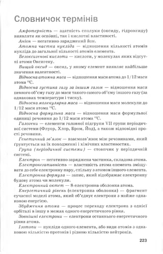 Словничок термінів
Амфотерність — здатність сполуки (оксиду, гідроксиду)
виявляти як основні, так і кислотні властивості.
Аніон — негативно заряджений йон.
Атомна частка нукліда — відношення кількості атомів
нукліда до загальної кількості атомів елемента.
Безоксигенові кислоти — кислоти, у молекулах яких відсут­
ні атоми Оксигену.
Вищий оксид — оксид, у якому елемент виявляє найбільше
значення валентності.
Відносна атомна маса — відношення маси атома до 1/12 маси
атома 12С.
Відносна густина газу за іншим газом — відношення маси
певного об’єму газу до маси такого самого об’єму іншого газу (за
однакових температури і тиску).
Відносна молекулярна маса — відношення маси молекули до
1/12 маси атома 12С.
Відносна формульна маса — відношення маси формульної
одиниці речовини до 1/12 маси атома 12С.
Галогени — елементи головної підгрупи VII групи періодич­
ної системи (Флуор, Хлор, Бром, Йод), а також відповідні про­
сті речовини.
Генетичний зв’язок — взаємозв’язок між речовинами, який
ґрунтується на їх походженні і хімічних властивостях.
Група ( періодичної системи) — стовпчик у періодичній
системі.
Електрон — негативно заряджена частинка, складова атома.
Електронегативність — властивість атома елемента зміщу­
вати до себе електронну пару, спільну з атомом іншого елемента.
Електронна формула — запис, який відображає електронну
будову атома чи молекули.
Електронний октет — 8-електронна оболонка атома.
Енергетичний рівень (електронна оболонка) — фрагмент
сучасної моделі атома, який об’єднує електрони з майже одна­
ковою енергією.
Збудження атома — процес переходу електрона з однієї
орбіталі в іншу в межах одного енергетичного рівня.
Зовнішні електрони — електрони останнього енергетичного
рівня атома.
Ізотопи — нукліди одного елемента, або види атомів з одна­
ковою кількістю протонів і різною кількістю нейтронів.
223
 