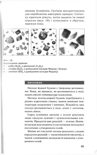 оксидів Алюмінію, Силіцію використовують
для виробництва ювелірних прикрас. Спочат­
ку кристали ріжуть, потім надають їм певної
огранки (мал. 18) і вставляють в обручки,
сережки тощо.
М і і л . 1 8 .
Дорогоцінне каміння:
« рубін (АІ203з домішкою Сг203);
п сапфір (АІ203з домішками оксидів Феруму і Титану);
и аметист (5і02з домішками оксидів Феруму)
ВИСНОВКИ
Оксиди йонної будови є твердими речовина­
ми. Вони, як правило, не розчиняються у воді,
мають високі температури плавлення.
Оксиди молекулярної будови перебувають у
різних агрегатних станах, мають невисокі тем­
ператури плавлення і кипіння. Більшість цих
сполук розчиняється у воді, деякі є леткими,
мають запах.
Серед основних оксидів з водою реагують
лише сполуки лужних і лужноземельних еле­
ментів. Продукти цих реакцій — основи. Основ­
ні оксиди взаємодіють із кислотними оксидами і
кислотами з утворенням солей.
Майже всі кислотні оксиди реагують з водою
(продукти реакцій — оксигеновмісні кислоти), а
також з основними оксидами й основами з утво­
ренням солей.
55
 