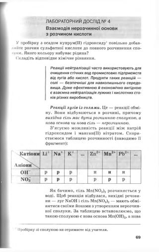 ЛАБОРАТОРНИЙ ДОСЛІД № 4
Взаємодія нерозчинної основи
з розчином кислоти
У пробірку з осадом купрум(ІІ) гідроксиду1повільно добав-
имите розчин сульфатної кислоти до повного розчинення спо-
•іуки. Якого кольору набуває рідина?
Складіть відповідне хімічне рівняння.
Реакції нейтралізації часто використовують для
очищення стічних вод промислових підприємств
від лугів або кислот. Продукти таких реакцій —
солі — безпечніші для навколишнього середо­
вища. Дуже ефективною й економічно вигідною
є взаємна нейтралізація лужних і кислотних сто­
ків різних виробництв.
Реакції лугів із солями. Це — реакції обмі­
ну. Вони відбуваються в розчині, причому
вихідна сіль має бути розчинною сполукою, а
нова основа чи нова сіль — нерозчинною.
З’ясуємо можливість реакції між натрій
гідроксидом і манган(ІІ) нітратом. Скори­
стаємося таблицею розчинності (наводимо її
фрагмент):
Як бачимо, сіль Мп(>Ю3)2 розчиняється у
воді. Щоб реакція відбулася, вихідні речови­
ни — луг МаОН і сіль Мп(Ж )3)2— мають обмі­
нятися своїми йонами з утворенням нерозчин­
ної сполуки. За таблицею встановлюємо, що
такою сполукою є нова основа Мп(ОН)2, а нова
ІІробірку зі сполукою ви отримаєте від учителя.
69
 