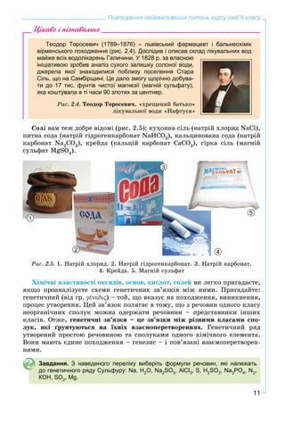11
Повторення найважливіших питань курсу хімії 8 класу
Цікаво і пізнавально
Теодор Торосевич (1789–1876) – львівський фармацевт і бальнеохімік
вірменського походження (рис. 2.4). Дослідив і описав склад лікувальних вод
майже всіх водолікарень Галичини. У 1828 р. за власною
ініціативою зробив аналіз сухого залишку солоної води,
джерела якої знаходилися поблизу поселення Стара
Сіль, що на Самбірщині. Це дало змогу щорічно добува-
ти до 17 тис. фунтів чистої магнезії (магній сульфату),
яка коштувала в ті часи 90 злотих за центнер.
Ðèñ. 2.4. Òåîäîð Òîðîñåâè÷, «õðåùåíèé áàòüêî»
ëіêóâàëüíîї âîäè «Íàôòóñÿ»
Ñîëі âàì òåæ äîáðå âіäîìі (ðèñ. 2.5): êóõîííà ñіëü (íàòðіé õëîðèä NaCl),
ïèòíà ñîäà (íàòðіé ãіäðîãåíêàðáîíàò NaHCO3), êàëüöèíîâàíà ñîäà (íàòðіé
êàðáîíàò Na2CO3), êðåéäà (êàëüöіé êàðáîíàò CaCO3), ãіðêà ñіëü (ìàãíіé
ñóëüôàò MgSO4).
1
3
5
2 4
Ðèñ. 2.5. 1. Íàòðіé õëîðèä. 2. Íàòðіé ãіäðîãåíêàðáîíàò. 3. Íàòðіé êàðáîíàò.
4. Êðåéäà. 5. Ìàãíіé ñóëüôàò
Õіìі÷íі âëàñòèâîñòі îêñèäіâ, îñíîâ, êèñëîò, ñîëåé âè ëåãêî ïðèãàäàєòå,
ÿêùî ïðîàíàëіçóєòå ñõåìè ãåíåòè÷íèõ çâ’ÿçêіâ ìіæ íèìè. Ïðèãàäàéòå:
ãåíåòè÷íèé (âіä ãð. έ) – òîé, ùî âêàçóє íà ïîõîäæåííÿ, âèíèêíåííÿ,
ïðîöåñ óòâîðåííÿ. Öåé çâ’ÿçîê ïîëÿãàє â òîìó, ùî ç ðå÷îâèí îäíîãî êëàñó
íåîðãàíі÷íèõ ñïîëóê ìîæíà îäåðæàòè ðå÷îâèíè – ïðåäñòàâíèêè іíøèõ
êëàñіâ. Îòæå, ãåíåòè÷íі çâ’ÿçêè – öå çâ’ÿçêè ìіæ ðіçíèìè êëàñàìè ñïî-
ëóê, ÿêі ґðóíòóþòüñÿ íà їõíіõ âçàєìîïåðåòâîðåííÿõ. Ãåíåòè÷íèé ðÿä
óòâîðåíèé ïðîñòîþ ðå÷îâèíîþ òà ñïîëóêàìè îäíîãî õіìі÷íîãî åëåìåíòà.
Âîíè ìàþòü єäèíå ïîõîäæåííÿ – ãåíåçèñ – і ïîâ’ÿçàíі âçàєìîïåðåòâîðåí-
íÿìè.
Завдання. З наведеного переліку виберіть формули речовин, які належать
до генетичного ряду Сульфуру: Nа, H2O, Na2SO3, АlCl3, S, Н2SO3, Na3PO4, N2,
КOН, SO2, Mg.
 