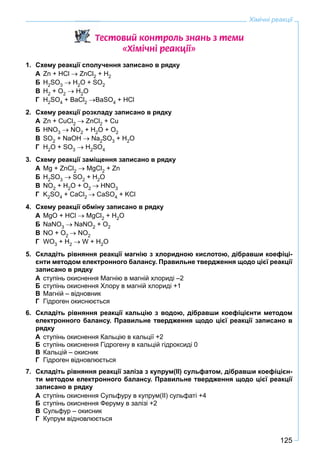125
Хімічні реакції
Òåñòîâèé êîíòðîëü çíàíü ç òåìè
«Õ³ì³÷í³ ðåàêö³¿»
1. Схему реакції сполучення записано в рядку
А Zn + HCl  ZnCl2 + H2
Б H2SO3  H2O + SO2
В H2 + O2  H2O
Г H2SO4 + BaCl2 BaSO4 + HCl
2. Схему реакції розкладу записано в рядку
А Zn + CuCl2  ZnCl2 + Cu
Б HNO3  NO2 + H2O + O2
В SO2 + NaOH  Na2SO3 + H2O
Г H2O + SO3  H2SO4
3. Схему реакції заміщення записано в рядку
А Mg + ZnCl2  MgCl2 + Zn
Б H2SO3  SO2 + H2O
В NO2 + H2O + O2  HNO3
Г K2SO4 + CaCl2  CaSO4 + KCl
4. Схему реакції обміну записано в рядку
А MgO + HCl  MgCl2 + H2O
Б NaNO3  NaNO2 + O2
В NO + O2  NO2
Г WO3 + H2  W + H2O
5. Складіть рівняння реакції магнію з хлоридною кислотою, дібравши коефіці-
єнти методом електронного балансу. Правильне твердження щодо цієї реакції
записано в рядку
А ступінь окиснення Магнію в магній хлориді –2
Б ступінь окиснення Хлору в магній хлориді +1
В Магній – відновник
Г Гідроген окиснюється
6. Складіть рівняння реакції кальцію з водою, дібравши коефіцієнти методом
електронного балансу. Правильне твердження щодо цієї реакції записано в
рядку
А ступінь окиснення Кальцію в кальції +2
Б ступінь окиснення Гідрогену в кальцій гідроксиді 0
В Кальцій – окисник
Г Гідроген відновлюється
7. Складіть рівняння реакції заліза з купрум(ІІ) сульфатом, дібравши коефіцієн-
ти методом електронного балансу. Правильне твердження щодо цієї реакції
записано в рядку
А ступінь окиснення Сульфуру в купрум(ІІ) сульфаті +4
Б ступінь окиснення Феруму в залізі +2
В Сульфур – окисник
Г Купрум відновлюється
 