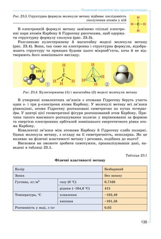 135
Початкові поняття про органічні сполуки
Â åëåêòðîííіé ôîðìóëі ìåòàíó çàìіíèìî ñïіëüíі åëåêòðî-
ííі ïàðè àòîìіâ Êàðáîíó é Ãіäðîãåíó ðèñî÷êàìè, ùîá îäåðæà-
òè ñòðóêòóðíó ôîðìóëó ñïîëóêè (ðèñ. 23.3).
Ðîçãëÿíüìî êóëåñòåðæíåâó é ìàñøòàáíó ìîäåëі ìîëåêóëè ìåòàíó
(ðèñ. 23.4). Âîíè, òàê ñàìî ÿê åëåêòðîííà і ñòðóêòóðíà ôîðìóëè, âіäîáðà-
æàþòü ñòðóêòóðó òà ïðèíöèï áóäîâè öüîãî ìіêðîîá’єêòà, õî÷à é íå âіä-
òâîðþþòü éîãî çîâíіøíüîãî âèãëÿäó.
1 2
Ðèñ. 23.4. Êóëåñòåðæíåâà (1) і ìàñøòàáíà (2) ìîäåëі ìîëåêóëè ìåòàíó
Â óòâîðåííі êîâàëåíòíèõ çâ’ÿçêіâ ç àòîìàìè Ãіäðîãåíó áåðóòü ó÷àñòü
îäèí s- і òðè p-åëåêòðîíè àòîìà Êàðáîíó. Ó ìîëåêóëі ìåòàíó âñі çâ’ÿçêè
ðіâíîöіííі, àòîìè Ãіäðîãåíó ðîçòàøîâàíі ñèìåòðè÷íî ïî êóòàõ òåòðàå-
äðà. Ó öåíòðі öієї ãåîìåòðè÷íîї ôіãóðè ðîçòàøîâàíèé àòîì Êàðáîíó. Ïðè-
÷èíà òàêîãî âçàєìíîãî ðîçòàøóâàííÿ ïîëÿãàє ó âèðіâíþâàííі çà ôîðìîþ
òà åíåðãієþ åëåêòðîííèõ îðáіòàëåé çîâíіøíüîãî åíåðãåòè÷íîãî ðіâíÿ àòî-
ìà Êàðáîíó.
Êîâàëåíòíі çâ’ÿçêè ìіæ àòîìàìè Êàðáîíó é Ãіäðîãåíó ñëàáî ïîëÿðíі.
Îäíàê ìîëåêóëà ìåòàíó, ç îãëÿäó íà її ñèìåòðè÷íіñòü, íåïîëÿðíà. ßê öå
âïëèâàє íà ôіçè÷íі âëàñòèâîñòі ìåòàíó і ðå÷îâèí, ïîäіáíèõ äî íüîãî?
Âèñíîâêè âè çìîæåòå çðîáèòè ñàìîòóæêè, ïðîàíàëіçóâàâøè äàíі, íà-
âåäåíі â òàáëèöі 23.1.
Òàáëèöÿ 23.1
Ôіçè÷íі âëàñòèâîñòі ìåòàíó
Êîëіð Áåçáàðâíèé
Çàïàõ Áåç çàïàõó
Ãóñòèíà, êã/ì3 ãàçó (0 C) 0,7168
ðіäèíè (–164,6 C) 415
Òåìïåðàòóðà, Ñ ïëàâëåííÿ –182,49
êèïіííÿ –161,58
Ðîç÷èííіñòü ó âîäі, ã/êã 0,02
Ðèñ. 23.3. Ñòðóêòóðíà ôîðìóëà ìîëåêóëè ìåòàíó âіäáèâàє ïîñëіäîâíіñòü
ñïîëó÷åííÿ àòîìіâ ó íіé
H
HH
H
С
 