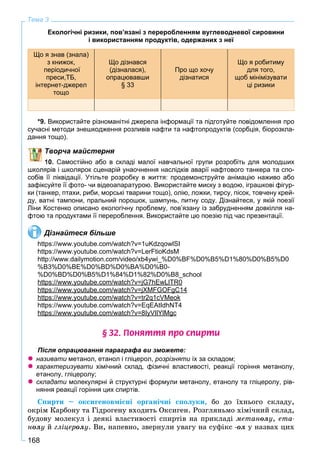 168
Тема 3
Екологічні ризики, пов’язані з переробленням вуглеводневої сировини
і використанням продуктів, одержаних з неї
Що я знав (знала)
з книжок,
періодичної
преси,TБ,
інтернет-джерел
тощо
Що дізнався
(дізналася),
опрацювавши
§ 33
Про що хочу
дізнатися
Що я робитиму
для того,
щоб мінімізувати
ці ризики
*9. Використайте різноманітні джерела інформації та підготуйте повідомлення про
сучасні методи знешкодження розливів нафти та нафтопродуктів (сорбція, біорозкла-
дання тощо).
Творча майстерня
10. Самостійно або в складі малої навчальної групи розробіть для молодших
школярів і школярок сценарій унаочнення наслідків аварії нафтового танкера та спо-
собів її ліквідації. Утільте розробку в життя: продемонструйте анімацію наживо або
зафіксуйте її фото- чи відеоапаратурою. Використайте миску з водою, іграшкові фігур-
ки (танкер, птахи, риби, морські тварини тощо), олію, ложки, тирсу, пісок, товчену крей-
ду, ватні тампони, пральний порошок, шампунь, питну соду. Дізнайтеся, у якій поезії
Ліни Костенко описано екологічну проблему, пов’язану із забрудненням довкілля на-
фтою та продуктами її перероблення. Використайте цю поезію під час презентації.
Дізнайтеся більше
https://www.youtube.com/watch?v=1uKdzqowlSI
https://www.youtube.com/watch?v=LerFtioKdsM
http://www.dailymotion.com/video/xb4ywi_%D0%BF%D0%B5%D1%80%D0%B5%D0
%B3%D0%BE%D0%BD%D0%BA%D0%B0-
%D0%BD%D0%B5%D1%84%D1%82%D0%B8_school
https://www.youtube.com/watch?v=jG7hEwLlTR0p y j
https://www.youtube.com/watch?v=jXMFGOFgC14p y j g
https://www.youtube.com/watch?v=tr2q1cVMeokp y q
https://www.youtube.com/watch?v=EqEAtIdhNT4
https://www.youtube.com/watch?v=8IyVIlYlMgcp y y g
§ 32. Ïîíÿòòÿ ïðî ñïèðòè
Після опрацювання параграфа ви зможете:
 називати метанол, етанол і гліцерол, розрізняти їх за складом;
 характеризувати хімічний склад, фізичні властивості, реакції горіння метанолу,
етанолу, гліцеролу;
 складати молекулярні й структурні формули метанолу, етанолу та гліцеролу, рів-
няння реакції горіння цих спиртів.
Ñïèðòè – îêñèãåíîâìіñíі îðãàíі÷íі ñïîëóêè, áî äî їõíüîãî ñêëàäó,
îêðіì Êàðáîíó òà Ãіäðîãåíó âõîäèòü Îêñèãåí. Ðîçãëÿíüìî õіìі÷íèé ñêëàä,
áóäîâó ìîëåêóë і äåÿêі âëàñòèâîñòі ñïèðòіâ íà ïðèêëàäі ìåòàíîëó, åòà-
íîëó é ãëіöåðîëó. Âè, íàïåâíî, çâåðíóëè óâàãó íà ñóôіêñ -îë ó íàçâàõ öèõ
 