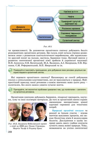 208
Тема 3
Ðèñ. 40.1
÷è ïðîìèñëîâîñòі. Çà äîïîìîãîþ îðãàíі÷íîãî ñèíòåçó äîáóâàþòü áåçëі÷
ðіçíîìàíіòíèõ îðãàíі÷íèõ ðå÷îâèí. Öÿ ãàëóçü õіìії ïî÷àëà ñòðіìêî ðîçâè-
âàòèñÿ ëèøå ç ðîçâèòêîì êàïіòàëіñòè÷íîãî âèðîáíèöòâà, àáè çàäîâîëüíè-
òè çðîñëèé ïîïèò íà ïàëüíå, ìàñòèëà, áàðâíèêè òîùî. Âàãîìèé âíåñîê ó
ðîçâèòîê ñèíòåòè÷íîї îðãàíі÷íîї õіìії çðîáèëè é óêðàїíñüêі íàóêîâöі:
Ï.Ï. Àëåêñєєâ, Î.Â. Áîãàòñüêèé, Ì.À. Âàëÿøêî, À.І. Êèïðіàíîâ, Î.Â. Êіð-
ñàíîâ, Ñ.Ì. Ðåôîðìàòñüêèé, Â.Ï. ßâîðñüêèé òà іí.
Поміркуйте й висловіть припущення, для добування яких речовин доцільно ви-
користовувати органічний синтез.
ßêі ïåðåâàãè îðãàíі÷íîãî ñèíòåçó? Íàñàìïåðåä öå ñïîñіá äîáóâàííÿ
ñïîëóê ç óíіêàëüíèìè âëàñòèâîñòÿìè, ÿêі íå òðàïëÿþòüñÿ ó ïðèðîäі. Íàé-
ïðîñòіøèé ïðèêëàä òàêîї ðå÷îâèíè ç-ïîìіæ âèâ÷åíèõ âàìè öüîãî ðîêó –
ïîëіåòèëåí, áåç ÿêîãî âàæêî óÿâèòè ñó÷àñíå æèòòÿ.
Пригадайте, які екологічні проблеми зумовлені тим, що поліетилен – синтетич-
на органічна речовина.
Îðãàíі÷íèì ñèíòåçîì äîáóâàþòü áàðâíèêè, ëіêàðñüêі ïðåïàðàòè, êàó÷ó-
êè, ãóìó òà іíøі ïîëіìåðíі ìàòåðіàëè. Äî òîãî æ îðãàíі÷íèé ñèíòåç ñïðèÿє
çìåíøåííþ âèêîðèñòàííÿ öіííîї
õàð÷îâîї ñèðîâèíè äëÿ òåõíі÷íèõ
ïîòðåá.
Ïðèðîäíі îðãàíі÷íі ñïîëóêè òà
ðåàêöії çà їõíüîþ ó÷àñòþ – îñíîâà
æèòòєâî âàæëèâèõ ïðîöåñіâ, ÿêі âè-
â÷àє áіîëîãі÷íà õіìіÿ é ìîëåêóëÿðíà
áіîëîãіÿ. Äîñëіäæåííÿ â öüîìó íà-
ïðÿìі äàþòü çìîãó ãëèáøå îñÿãíóòè
ñóòíіñòü ÿâèù æèâîї ïðèðîäè. Òîìó,
íåçâàæàþ÷è íà óñïіõè ñèíòåòè÷íîї
Ðèñ. 40.2. Ëàóðåàòè Íîáåëіâñüêîї ïðåìії
ç õіìії çà 2008 ðіê: Îñàìó Ñіìîìóðà,
Ìàðòіí ×àëôі é Ðîäæåð Öÿíü
 