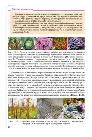 70
Тема 1
Цікаво і пізнавально
Визначити природу ґрунтів можна за допомогою рослин-індикаторів, що
ростуть поруч із овочами на городі. Поміж них є як культурні рослини, так
і бур’яни. Одні рослини надають перевагу кислим ґрунтам, а інші уникають їх
і оселяються або на слабокислих, або на нейтральних.
Більшість овочів добре почувається на нейтральних і слабокислих ґрунтах
(рН ≈ 6,5). Зростання квасолі, салату, чорної смородини утруднюється, якщо
значення рН ґрунту нижче за 6,0, капусти – за 5,4, яблуні – за 5,0, картоплі – за
4,9. Та «поціновувачі» кислого й лужного середовищ усе ж трапляються поміж
рослин (рис. 14.6).
1 2 3 4 5
Ðèñ. 14.6. 1. Ëèøå â êèñëîìó ґðóíòі êîðåíåâó ñèñòåìó êàïóñòè âðàæàє ïàòîãåííèé
ãðèá Plasmodiophora brassicae. Öå ïіäòâåðäæóє ïðàâèëüíіñòü òàìіëüñüêîãî ïðèñëіâ’ÿ:
êîëè ñòðóõëÿâіëî êîðіííÿ, ïðîïàäå é âåðõіâ’ÿ. 2. Ïіäâèùèìî ðÍ і êà÷àí-êðàñåíü –
íàø. 3. «Òðîÿíäîâå äåðåâî» – ðîäîäåíäðîí – ïîòðåáóє êèñëîãî ґðóíòó. 4. Áàðáàðèñó
äî âïîäîáè ëóæíèé ґðóíò. 5. Çàáàðâëåííÿ êâіòîê ãîðòåíçії çàëåæèòü âіä óìіñòó êàòіî-
íіâ Ãіäðîãåíó â ґðóíòі. Ðîæåâèìè і ìàëèíîâèìè êâіòêè áóâàþòü çà éîãî ñëàáîëóæíîї
ðåàêöії, à ñèíüîãî êîëüîðó íàáóâàþòü, ÿêùî ґðóíò êèñëèé. Çà âèáіðêîâîãî âíåñåííÿ
ïіäêèñëþâà÷à ìîæíà íà îäíіé ðîñëèíі îòðèìàòè âîäíî÷àñ і áëàêèòíі, і ðîæåâі êâіòè
Ïîêàçíèê ðÍ є âàæëèâîþ õàðàêòåðèñòèêîþ ÿêîñòі âîäè. ßêùî âìіñò êà-
òіîíіâ Ãіäðîãåíó ó âîäі ïëàâàëüíîãî áàñåéíó ïіäâèùåíèé, ðóéíóâàòèìåòüñÿ
ìåòàëåâå îáëàäíàííÿ. ßêùî ðіâåíü ðÍ çàâèñîêèé – ïðèøâèäøóþòüñÿ ðіñò
âîäîðîñòåé і óòâîðåííÿ âàïíÿíîãî îñàäó, ïîäðàçíþþòüñÿ ñëèçîâі îáîëîíêè,
çíèæóєòüñÿ åôåêòèâíіñòü çàñîáіâ äëÿ çíåçàðàæóâàííÿ âîäè. Âåëè÷åçíó ðîëü
âіäіãðàє ïîêàçíèê ðÍ ó æèòòі ðèá òà іíøèõ ìåøêàíöіâ âîäîéì (ïîìіðêóéòå
é ïîÿñíіòü ÷îìó). Âіäîìî, ùî êèñëîòíі äîùі ç íèçüêèì çíà÷åííÿì ðÍ (ìåí-
øèìè çà 5,6) çíèùóþòü ðîñëèííіñòü, æèâèé ñâіò âîäîéì, ðóéíóþòü ïàì’ÿòêè
àðõіòåêòóðè é ìèñòåöòâà, áóäіâëі òîùî. Îñü ÷îìó ïіä ÷àñ äîñëіäæåííÿ ÿêîñ-
òі ïðèðîäíîї òà òåõíі÷íîї âîäè çàâæäè âèçíà÷àþòü ïîêàçíèê ðÍ (ðèñ. 14.7).
1 а б 2
Ðèñ. 14.7. 1. Ðóéíіâíà äіÿ êèñëîòíèõ äîùіâ íà îá’єêòè æèâîї (à) і íåæèâîї (á)
ïðèðîäè. 2. Âèìіðþâàííÿ ðÍ ó ïðèðîäíіé âîäîéìі
 