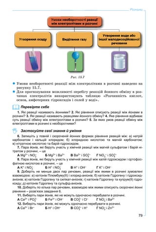 79
Розчини
Ðèñ. 15.7
 Óìîâè íåîáîðîòíîñòі ðåàêöії ìіæ åëåêòðîëіòàìè â ðîç÷èíі íàâåäåíî íà
ðèñóíêó 15.7.
 Äëÿ ïðîãíîçóâàííÿ ìîæëèâîñòі ïåðåáіãó ðåàêöіé éîííîãî îáìіíó â ðîç-
÷èíàõ åëåêòðîëіòіâ âèêîðèñòîâóþòü òàáëèöþ «Ðîç÷èííіñòü êèñëîò,
îñíîâ, àìôîòåðíèõ ãіäðîêñèäіâ і ñîëåé ó âîäі».
Перевірте себе
1. Які реакції називають йонними? 2. Які рівняння описують реакції між йонами в
розчині? 3. Які реакції називають реакціями йонного обміну? 4. Яке рівняння відбиває
суть реакції обміну між електролітами в розчині? 5. За яких умов реакції обміну між
електролітами в розчині є необоротними?
Застосуйте свої знання й уміння
6. Запишіть у повній і скороченій йонних формах рівняння реакцій між: а) натрій
карбонатом і кальцій хлоридом; б) хлоридною кислотою та магній карбонатом;
в) нітратною кислотою та барій гідроксидом.
7. Пара йонів, які беруть участь у хімічній реакції між магній сульфатом і барій ні-
тратом у розчині, – це
А Mg2+ і NO3
– Б Mg2+ і Ba2+ В Ba2+ і SO4
2– Г NO3
– і SO4
2–
8. Пара йонів, які беруть участь у хімічній реакції між калій гідроксидом і ортофос-
фатною кислотою в розчині, – це
А K+ і NO3
– Б Н+ і NO3
– В Н+ і ОН– Г K+ і ОН–
9. Доберіть не менше двох пар речовин, реакції між якими в розчині зумовлені
взаємодією: а) катіонів Плюмбуму(ІІ) і хлорид-аніонів; б) катіонів Гідрогену і гідроксид-
аніонів; в) катіонів Гідрогену та силікат-аніонів; г) катіонів Гідрогену та купрум(ІІ) гідро-
ксиду; д) катіонів Гідрогену та сульфід-аніонів.
10. Доберіть по кілька пар речовин, взаємодію між якими описують скорочені йонні
рівняння – розв’язок завдання 6.
11. Виберіть пари йонів, які не можуть одночасно перебувати в розчині.
А Ca2+ і PO4
3– Б Fe3+ і OH– В CO3
2– і Cl– Г NO3
– і Ba2+
12. Виберіть пари йонів, які можуть одночасно перебувати в розчині.
А Ca2+ і Br–rr Б Н+ і OH– В CO3
2– і Н+ Г NO3
– і Zn2+
 