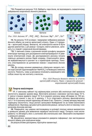 80
Тема 1
*13. Роздивіться рисунок 15.8. Виберіть пари йонів, які відповідають схематичному
зображенню скороченого йонного рівняння.
Аніони Катіони Осад
Ðèñ. 15.8. Àíіîíè: S2–, PO4
3–, SO4
2–. Êàòіîíè: Mg2+, Fe3+, Zn2+
14. На рисунку 15.9 на мікро- і макрорівні зображено реакцію
йонного обміну за участю аргентум(І) нітрату. Один з її продук-
тів – аргентум(І) йодид. Визначте, які електроліти могли б бути
другим реагентом у цій реакції. Складіть хімічні рівняння, запи-
шіть їх у повній і скороченій йонній формах.
*15. У хімічний стакан з розчином натрій сульфату занурили
електроди приладу для дослідження електропровідності й увім-
кнули електричний струм. До досліджуваного розчину почали
повільно доливати розчин барій хлориду. Спрогнозуйте зміни,
які відбуватимуться в розчині та з індикатором приладу. Пояс-
ніть спостереження за допомогою повних і скорочених йонних
рівнянь.
*16. До складу начинки карамельок «Шипучка» входить пит-
на сода (натрій гідрогенкарбонат NaHCO3) та безводна лимонна
кислота. Поясніть, чому ці речовини починають взаємодіяти між
собою лише під час контакту з вологою.
Ðèñ. 15.9. Ðåàêöіÿ éîííîãî îáìіíó çà ó÷àñòþ
àðãåíòóì(І) íіòðàòó. Îäèí ç ïðîäóêòіâ ðåàêöії –
íåðîç÷èííèé àðãåíòóì(І) éîäèä
Творча майстерня
17. У хімічному кабінеті під керівництвом учителя або вчительки хімії визначте
кислотність виданих зразків меду. Виготовте розчини з масовою часткою меду 10 %.
У хімічні стакани відмірте порції 10 %-го водного розчину меду об’ємами по 100 мл,
добавте до кожної з них по 5 крапель 1 %-го спиртового розчину фенолфталеїну
та 0,1 %-го розчину натрій гідроксиду об’ємом 5 мл. Поясніть, у якому випадку мед має
підвищену кислотність: якщо розчин залишився безбарвним чи за появи малинового
забарвлення. Відповідь аргументуйте рівнянням реакції, запишіть його в повному і ско-
роченому йонному вигляді.
18. Поміркуйте, яку широко застосовувану в кулінарії сполуку можна використати
в домашніх умовах для виявлення надмірної кислотності меду. Складіть план експе-
рименту та обговоріть його з учителем або вчителькою хімії. Виконайте експеримент
у домашніх умовах.
19. Дізнайтеся, використавши різноманітні джерела інформації, про застосування
йонного обміну для опріснення води.
За результатами досліджень підготуйте презентації.
 