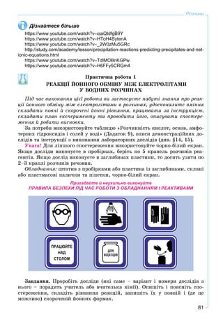 81
Розчини
Дізнайтеся більше
https://www.youtube.com/watch?vojaQtdfgB9Y
https://www.youtube.com/watch?vHToH4SytenA
https://www.youtube.com/watch?v_2W0zMu5GRc
http://study.com/academy/lesson/precipitation-reactions-predicting-precipitates-and-net-
ionic-equations.html
https://www.youtube.com/watch?vTdlMOBnKGPw
https://www.youtube.com/watch?vH6FFy5CRGm4
Ïðàêòè÷íà ðîáîòà 1
ÐÅÀÊÖІЇ ÉÎÍÍÎÃÎ ÎÁÌІÍÓ ÌІÆ ÅËÅÊÒÐÎËІÒÀÌÈ
Ó ÂÎÄÍÈÕ ÐÎÇ×ÈÍÀÕ
Ïіä ÷àñ âèêîíàííÿ öієї ðîáîòè âè çàñòîñóєòå íàáóòі çíàííÿ ïðî ðåàê-
öії éîííîãî îáìіíó ìіæ åëåêòðîëіòàìè â ðîç÷èíàõ, óäîñêîíàëèòå âìіííÿ
ñêëàäàòè ïîâíі é ñêîðî÷åíі éîííі ðіâíÿííÿ, ïðàöþâàòè çà іíñòðóêöієþ,
ñêëàäàòè ïëàí åêñïåðèìåíòó òà ïðîâîäèòè éîãî, îïèñóâàòè ñïîñòåðå-
æåííÿ é ðîáèòè âèñíîâêè.
Çà ïîòðåáè âèêîðèñòîâóéòå òàáëèöþ «Ðîç÷èííіñòü êèñëîò, îñíîâ, àìôî-
òåðíèõ ãіäðîêñèäіâ і ñîëåé ó âîäі» (Äîäàòîê 9), îïèñè äåìîíñòðàöіéíèõ äî-
ñëіäіâ òà іíñòðóêöії ç âèêîíàííÿ ëàáîðàòîðíèõ äîñëіäіâ (äèâ. §14, 15).
Óâàãà! Äëÿ ëіïøîãî ñïîñòåðåæåííÿ âèêîðèñòîâóéòå ÷îðíî-áіëèé åêðàí.
ßêùî äîñëіäè âèêîíóєòå â ïðîáіðêàõ, áåðіòü ïî 5 êðàïåëü ðîç÷èíіâ ðåà-
ãåíòіâ. ßêùî äîñëіä âèêîíóєòå â çàãëèáèíàõ ïëàñòèíè, òî äîñèòü óçÿòè ïî
2–3 êðàïëі ðîç÷èíіâ ðå÷îâèí.
Îáëàäíàííÿ: øòàòèâ ç ïðîáіðêàìè àáî ïëàñòèíà іç çàãëèáèíàìè, ñêëÿíі
àáî ïëàñòìàñîâі ïàëè÷êè òà ïіïåòêè, ÷îðíî-áіëèé åêðàí.
Пригадайте й неухильно виконуйте
ПРАВИЛА БЕЗПЕКИ ПІД ЧАС РОБОТИ З ОБЛАДНАННЯМ І РЕАКТИВАМИ
Çàâäàííÿ. Ïðîðîáіòü äîñëіäè (ÿêі ñàìå – âàðіàíò і íîìåðè äîñëіäіâ ç
íüîãî – ïîðàäèòü ó÷èòåëü àáî â÷èòåëüêà õіìії). Îïèøіòü і ïîÿñíіòü ñïî-
ñòåðåæåííÿ, ñêëàäіòü ðіâíÿííÿ ðåàêöіé, çàïèøіòü їõ ó ïîâíіé і (äå öå
ìîæëèâî) ñêîðî÷åíіé éîííèõ ôîðìàõ.
 