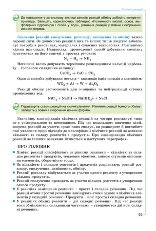 95
Хімічні реакції
До наведених у загальному вигляді записів реакцій обміну доберіть конкретні
приклади. Запишіть, користуючись таблицею «Розчинність кислот, основ, ам-
фотерних гідроксидів і солей у воді», рівняння реакцій у повній і скороченій
йонних формах.
Çíà÷åííÿ ðåàêöіé ñïîëó÷åííÿ, ðîçêëàäó, çàìіùåííÿ òà îáìіíó âàæêî
ïåðåîöіíèòè. Çà äîïîìîãîþ ðåàêöіé öèõ òà іíøèõ òèïіâ ëþäñòâî çàáåçïå-
÷óє ïîòðåáó â ðå÷îâèíàõ, ìàòåðіàëàõ і ñó÷àñíèõ òåõíîëîãіÿõ. Ðîçãëÿíüìî
êіëüêà ïðèêëàäіâ. Íàïðèêëàä, ïðîìèñëîâèé ñïîñіá äîáóâàííÿ àìîíіàêó
ґðóíòóєòüñÿ íà éîãî ñèíòåçі ç ïðîñòèõ ðå÷îâèí:
N2 + H2  NH3
Íåãàøåíå âàïíî äîáóâàþòü òåðìі÷íèì ðîçêëàäàííÿì êàëüöіé êàðáîíà-
òó – ãîëîâíîãî ñêëàäíèêà âàïíÿêó:
CaCO3  CaO + CO2
Îäèí çі ñïîñîáіâ äîáóâàííÿ ìåòàëіâ – âçàєìîäіÿ їõíіõ îêñèäіâ ç àëþìіíієì:
WO3 + Al  W + Al2O3
Ðåàêöії îáìіíó çàñòîñîâóþòü äëÿ î÷èùåííÿ òà íåéòðàëіçàöії ñòі÷íèõ
ïðîìèñëîâèõ âîä:
NiCl2 + NaOH  Ni(OH)2 + NaCl
Перетворіть схеми реакцій на хімічні рівняння. Рівняння реакції йонного обміну
запишіть у повній і скороченій йонних формах.
Çâè÷àéíî, êëàñèôіêàöіÿ õіìі÷íèõ ðåàêöіé íà ÷îòèðè ðîçãëÿíóòі òèïè
íå є óíіâåðñàëüíîþ òà âñåîñÿæíîþ. Ïіä ÷àñ ïîäàëüøîãî âèâ÷åííÿ õіìії,
çîêðåìà ðåàêöіé çà ó÷àñòþ îðãàíі÷íèõ ñïîëóê, âè ðîçøèðèòå é ïîãëèáèòå
ñâîї óÿâëåííÿ ùîäî ïіäõîäіâ äî êëàñèôіêàöії õіìі÷íèõ ðåàêöіé çà îçíàêîþ
êіëüêîñòі òà ñêëàäó ðåàãåíòіâ і ïðîäóêòіâ. Ïðî êëàñèôіêàöіþ õіìі÷íèõ
ðåàêöіé çà іíøèìè îçíàêàìè éòèìåòüñÿ â íàñòóïíèõ ïàðàãðàôàõ.
ÏÐÎ ÃÎËÎÂÍÅ
 Õіìі÷íі ðåàêöії êëàñèôіêóþòü çà ðіçíèìè îçíàêàìè – êіëüêіñòþ òà ñêëà-
äîì ðåàãåíòіâ і ïðîäóêòіâ, òåïëîâèì åôåêòîì, çìіíîþ ñòóïåíіâ îêèñíåí-
íÿ åëåìåíòіâ, îáîðîòíіñòþ òîùî.
 Çà êіëüêіñòþ і ñêëàäîì ðåàãåíòіâ і ïðîäóêòіâ ðîçðіçíÿþòü ðåàêöії ðîç-
êëàäó, ñïîëó÷åííÿ, çàìіùåííÿ, îáìіíó.
 Ðåàêöії ðîçêëàäó âіäáóâàþòüñÿ çà ó÷àñòþ îäíîãî ðåàãåíòó ç óòâîðåííÿì
êіëüêîõ ïðîäóêòіâ.
 Ðåàêöії ñïîëó÷åííÿ ïðîõîäÿòü çà ó÷àñòþ êіëüêîõ ðåàãåíòіâ ç óòâîðåííÿì
îäíîãî ïðîäóêòó.
 Ó ðåàêöіÿõ çàìіùåííÿ ðåàãåíòè – ïðîñòà і ñêëàäíà ðå÷îâèíè. Ïіä ÷àñ
ðåàêöії àòîìè ïðîñòîї ðå÷îâèíè çàìіùóþòü àòîìè îäíîãî ç õіìі÷íèõ åëå-
ìåíòіâ ó ñêëàäíіé ðå÷îâèíі. Ïðîäóêòè – íîâі ïðîñòà і ñêëàäíà ðå÷îâèíè.
 Ó ðåàêöіÿõ îáìіíó ðåàãåíòè – äâі ñêëàäíі ðå÷îâèíè. Ïіä ÷àñ ðåàêöії
âîíè îáìіíþþòüñÿ ñêëàäîâèìè ÷àñòèíàìè – óòâîðþþòüñÿ äâі íîâі ñêëàä-
íі ðå÷îâèíè.
 