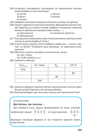 121
154. Установіть послідовність вуглеводнів за зменшенням кількості
атомів Карбону в їхніх молекулах:
а) гептан; г) пентан;
б) бутан; ґ) пропан.
в) гексан;
155. Зобразіть електронну формулу молекули: а) етану; б) пропану.
156. Укажіть правильне закінчення речення «Відношення кількості ато
мів Гідрогену до кількості атомів Карбону в молекулах гомологів
метану зі зростанням молярної маси сполук …»:
а) зменшується; в) змінюється хаотично.
б) збільшується;
157. Яка відносна молекулярна маса гомолога метану, молекула якого
містить 5 атомів Карбону? (Усно.)
158. У якій сполуці масова частка Карбону найбільша — в етані, про
пані чи бутані? Спробуйте дати відповідь, не здійснюючи роз
рахунків.
159. Обчисліть кількість речовини, яка міститься (усно):
а) у 15 г етану;
б) у 4,48 л бутану (н. у.).
160. Заповніть таблицю:
161. Запишіть формулу гомолога метану, молекула якого містить удвічі
більше атомів Гідрогену, ніж молекула бутану.
162. Який вуглеводень має таку саму густину, що й вуглекислий газ?
ДЛЯ ДОПИТЛИВИХ
Два бутани, три пентани…
Для молекули С4Н10 можна запропонувати не лише «лінійний»
карбоновий ланцюг , а й розгалужений: .
Відповідні структурні формули та їхні скорочені варіанти мають
такий вигляд:
С3Н8
СnH2n+2
100
36
80
М, г/моль DH2
Z(C), %
 