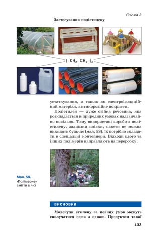 133
устаткування, а також як електроізоляцій
ний матеріал, антикорозійне покриття.
Поліетилен — дуже стійка речовина, яка
розкладається в природних умовах надзвичай
но повільно. Тому використані вироби з полі
етилену, залишки плівки, пакети не можна
викидати будь де (мал. 58); їх потрібно склада
ти в спеціальні контейнери. Відходи цього та
інших полімерів направляють на переробку.
Схема 2
Застосування поліетилену
(–CH2–СН2–)n
Мал. 58.
«Полімерне»
сміття в лісі
ВИСНОВКИ
Молекули етилену за певних умов можуть
сполучатися одна з одною. Продуктом такої
 